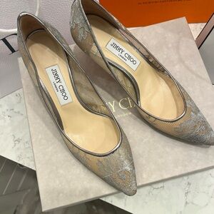 Jimmy Choo Gold Lace Pointed Toe Heels